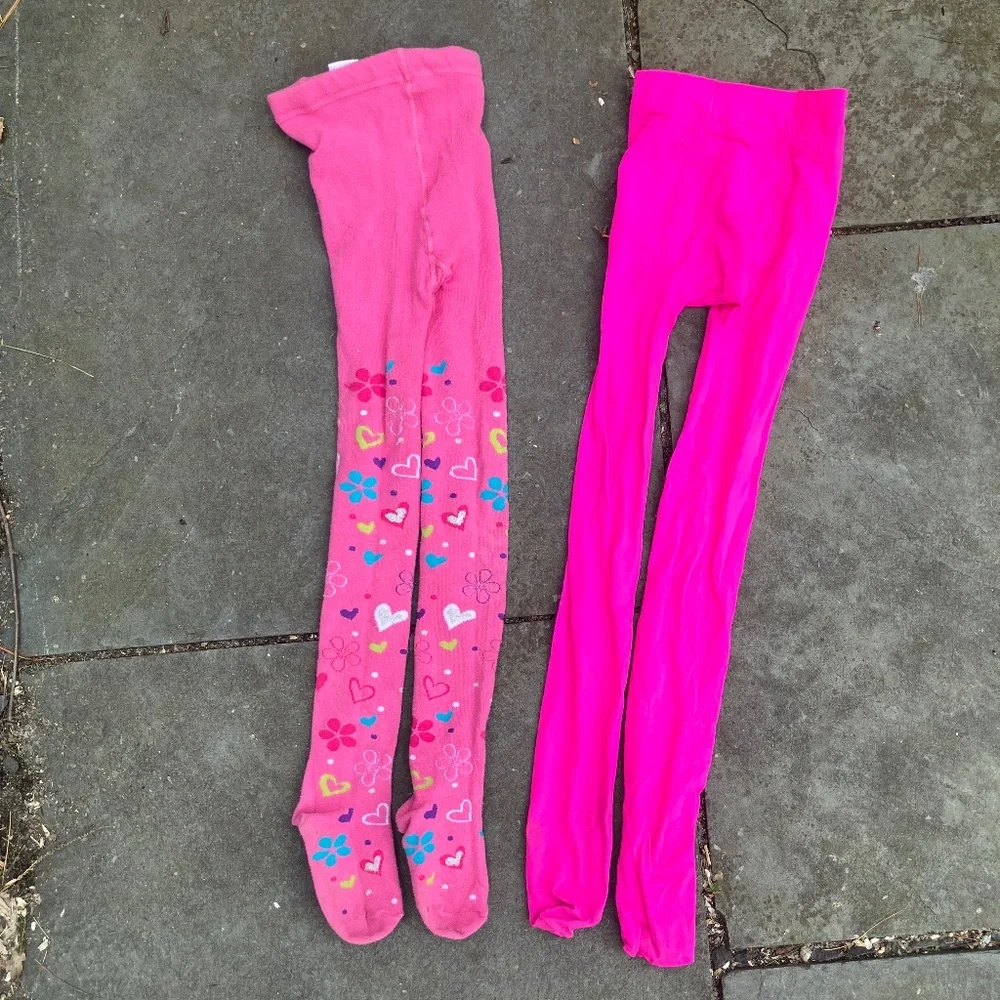 ✨ Bundle of 2: Girls’ Neon Pink & Floral Heart Patterned Tights (Size 7-10) ✨ Op